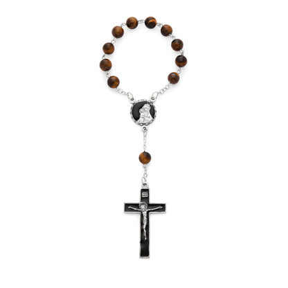 One Decade Rosary with Tiger's Eye Beads and Brown Enameled Centerpiece and Crucifix