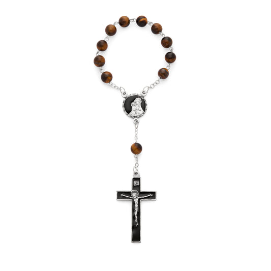 One Decade Rosary with Tiger's Eye Beads and Brown Enameled Centerpiece and Crucifix
