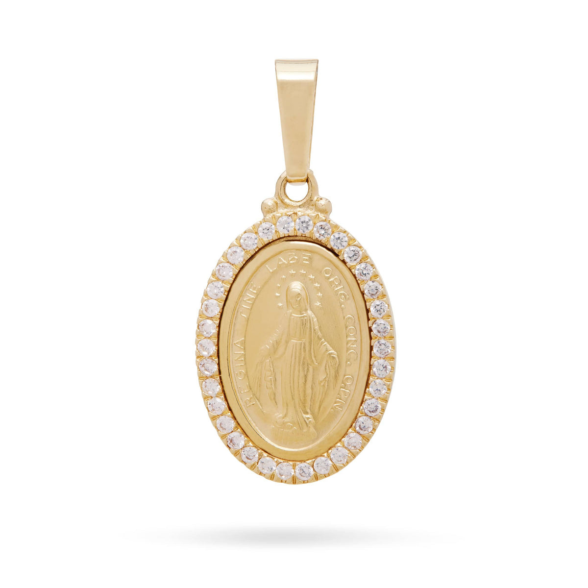 Yellow Gold Miraculous Medal with Cubic Zirconia and Smooth Bail