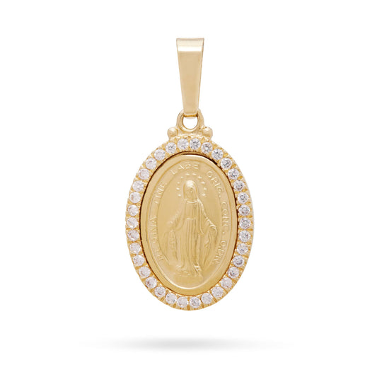 Yellow Gold Miraculous Medal with Cubic Zirconia and Smooth Bail
