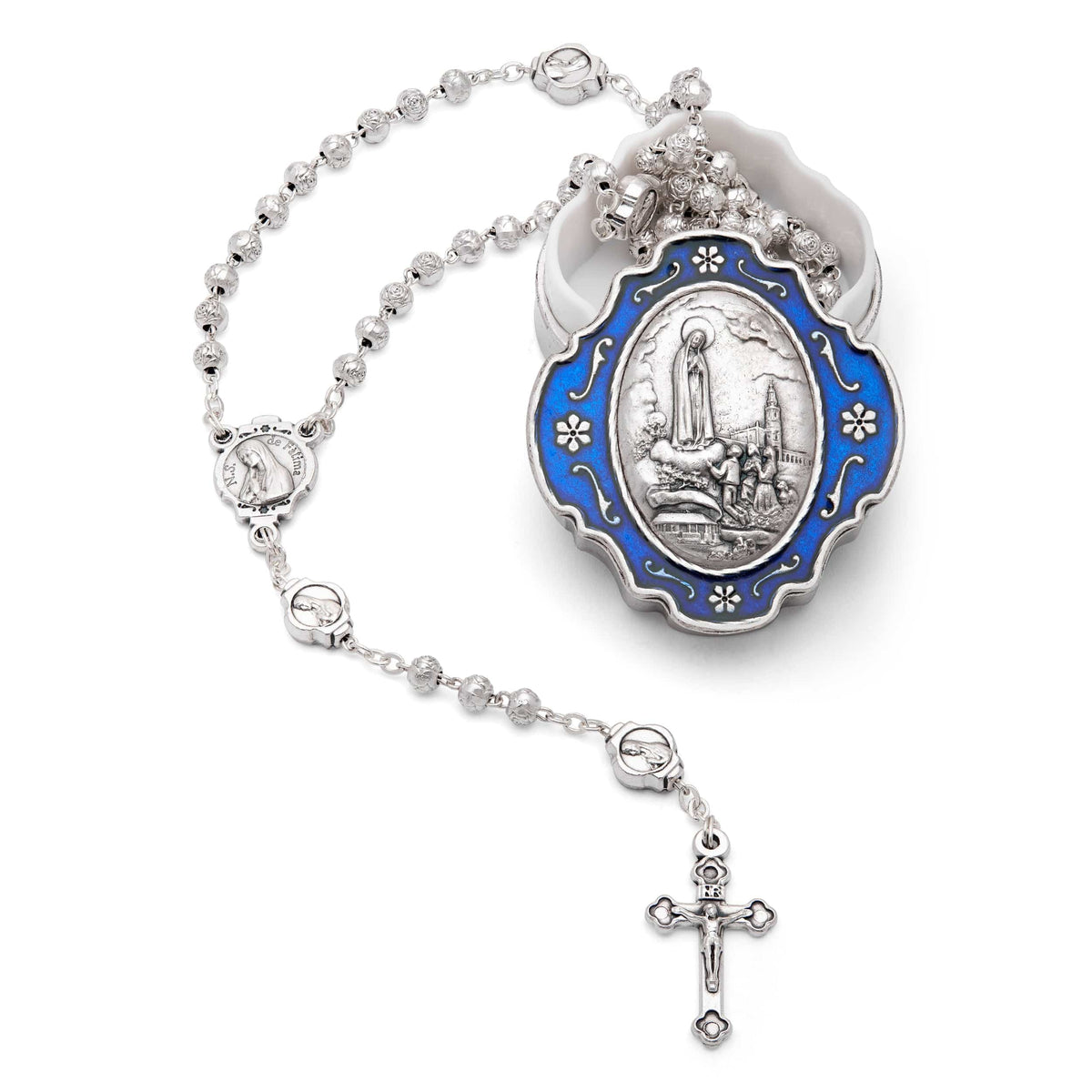 Blue Enameled Our Lady of Fátima Rosary Case With Rose-shaped Beads Rosary
