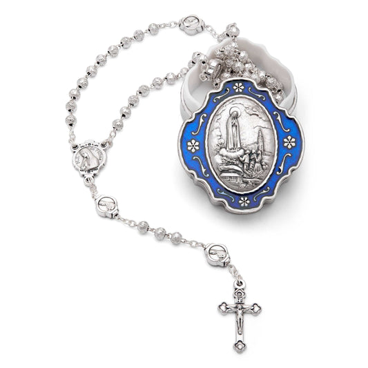 Blue Enameled Our Lady of Fátima Rosary Case With Rose-shaped Beads Rosary