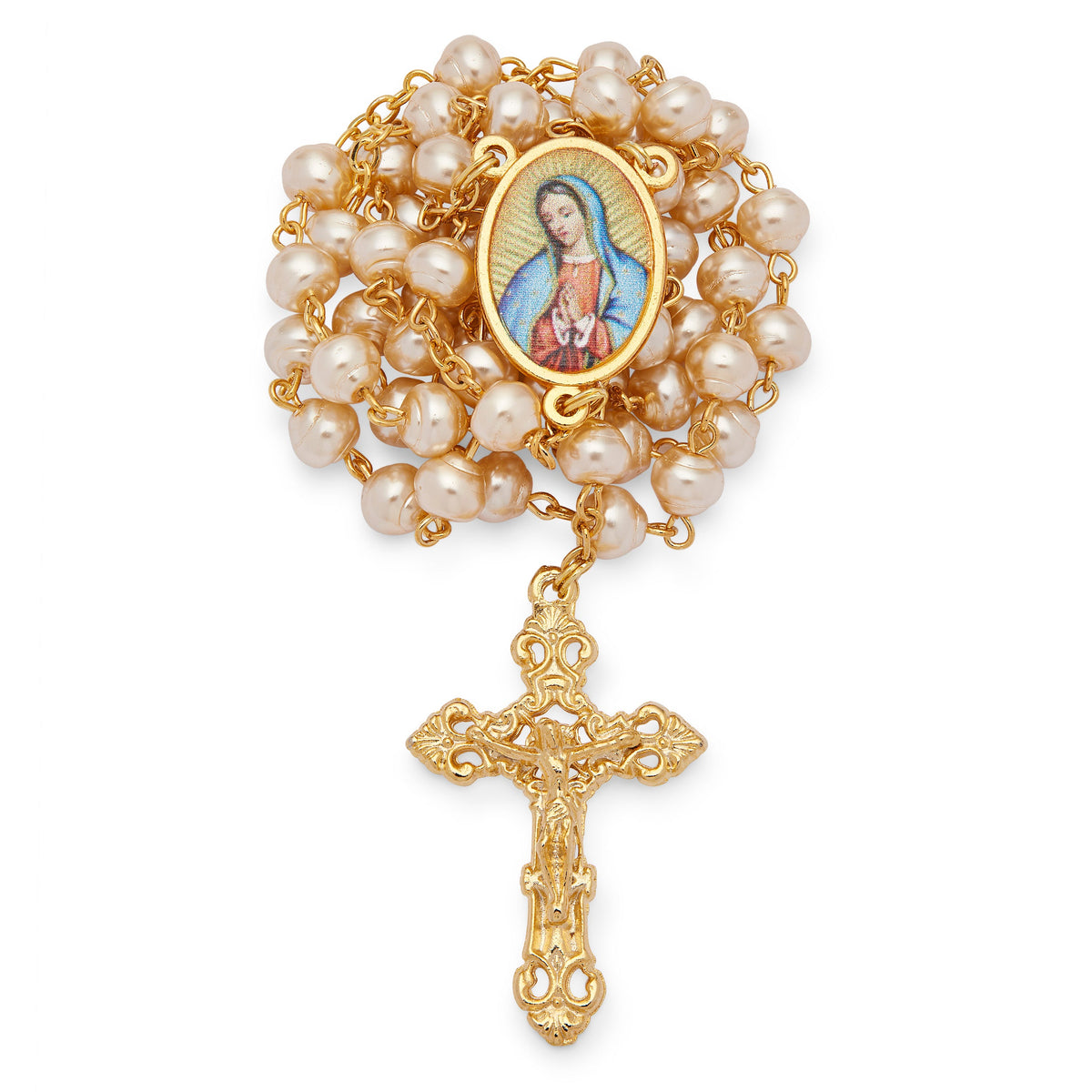 Our Lady of Guadalupe Rosary with Gold-Tone Metal and Synthetic Pearl Beads