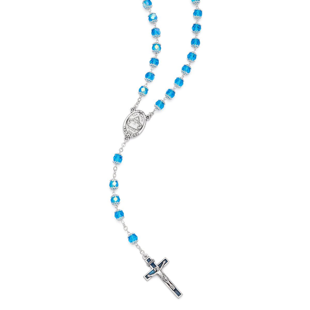 Our Lady of Health Rosary with Light Blue Faceted Crystal Beads