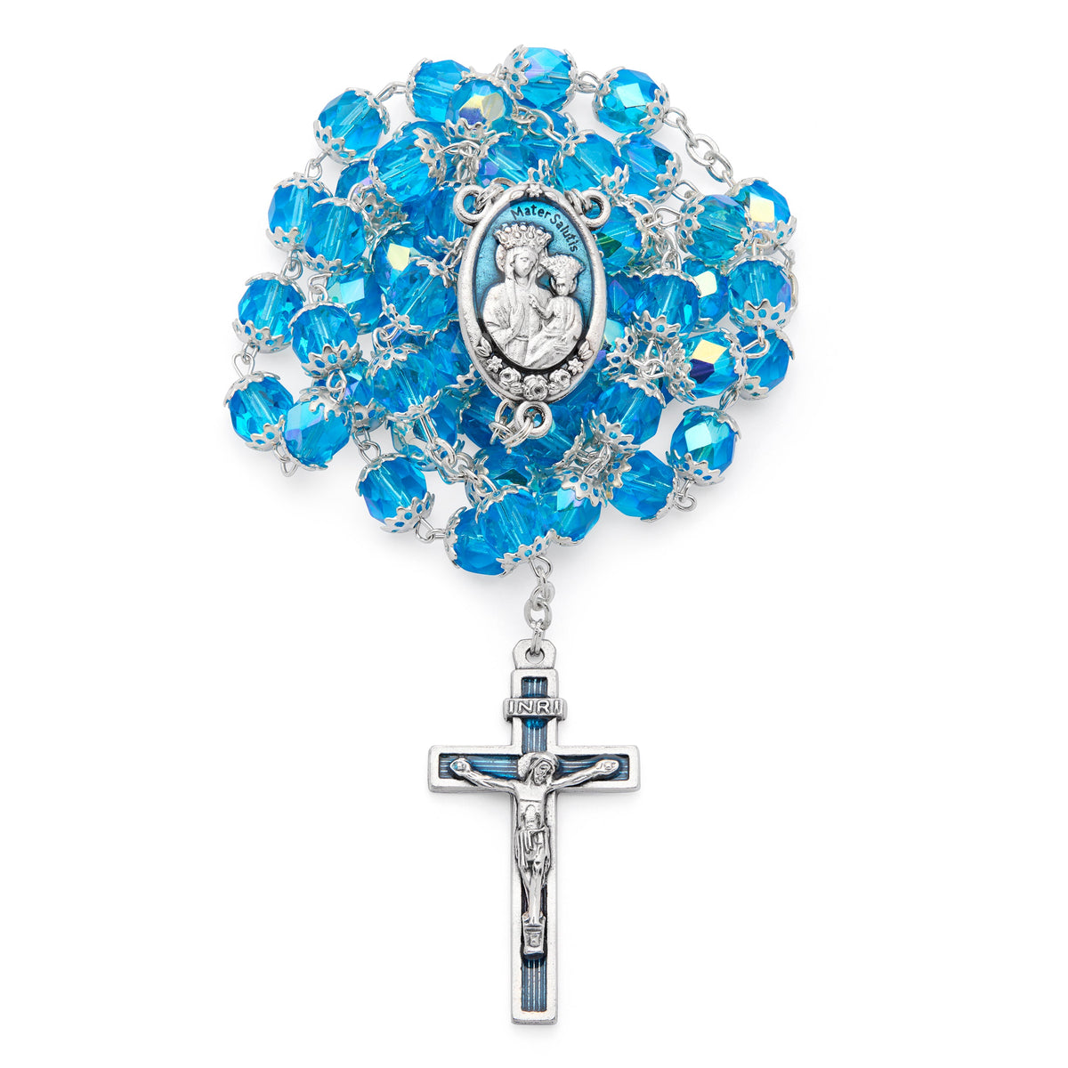Our Lady of Health Rosary with Light Blue Faceted Crystal Beads