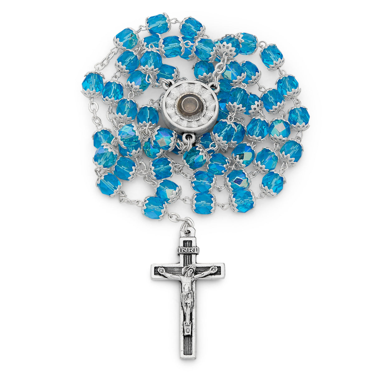 Our Lady of Lourdes Aquamarine Rosary with Holy Water Reliquary