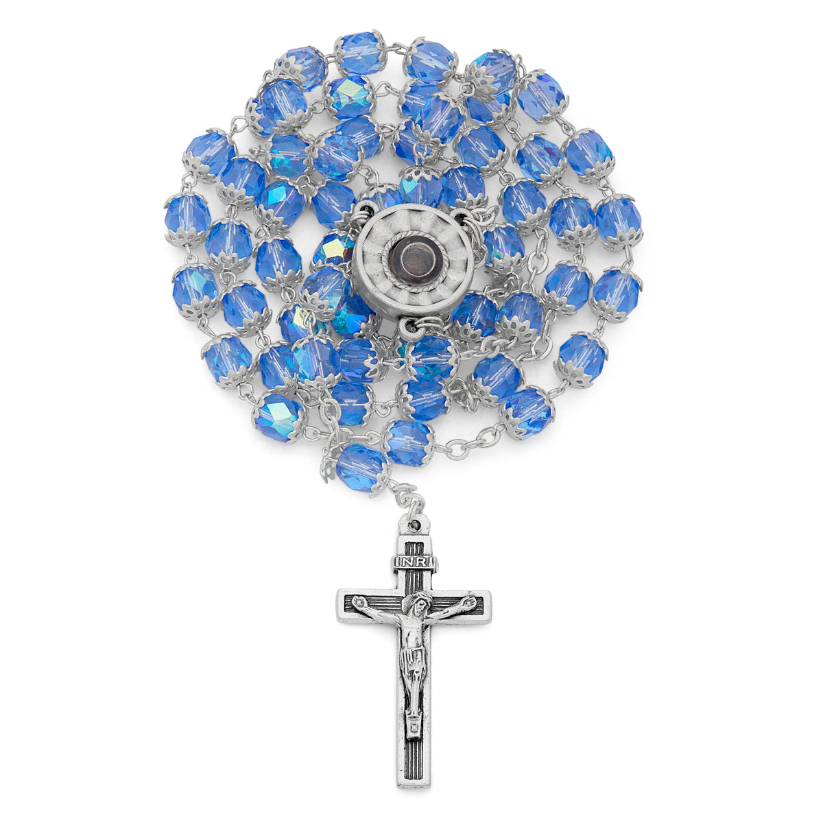Our Lady of Lourdes Light Blue Rosary with Holy Water Reliquary