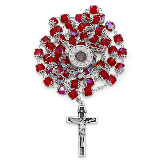 Our Lady of Lourdes Red Rosary with Holy Water Reliquary
