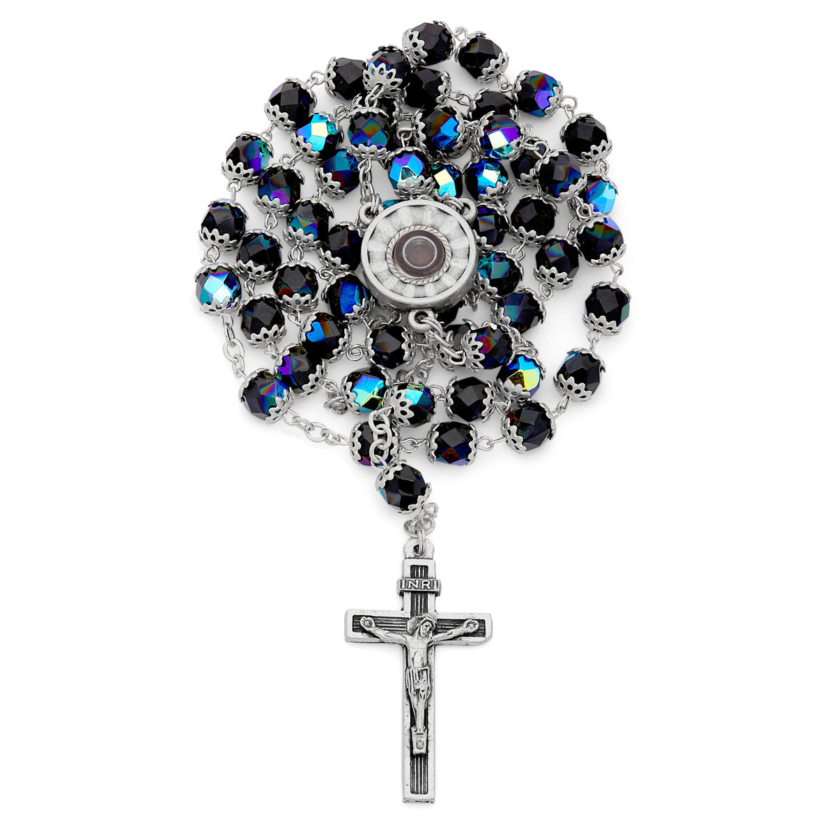 Our Lady of Lourdes Black Rosary with Holy Water Reliquary