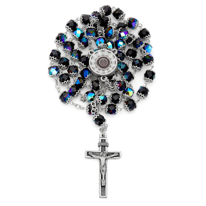 Our Lady of Lourdes Black Rosary with Holy Water Reliquary