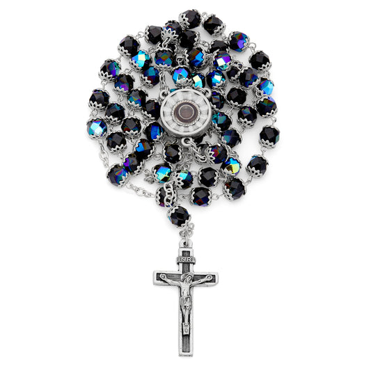 Our Lady of Lourdes Black Rosary with Holy Water Reliquary
