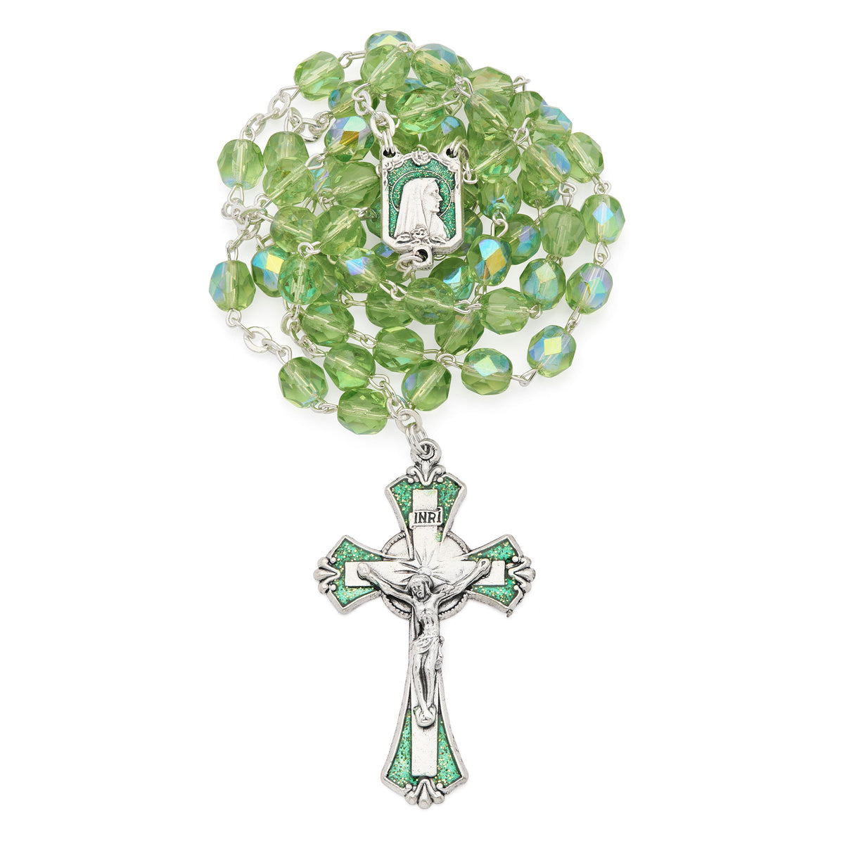 Our Lady of Lourdes Rosary with Green Faceted Crystal Beads