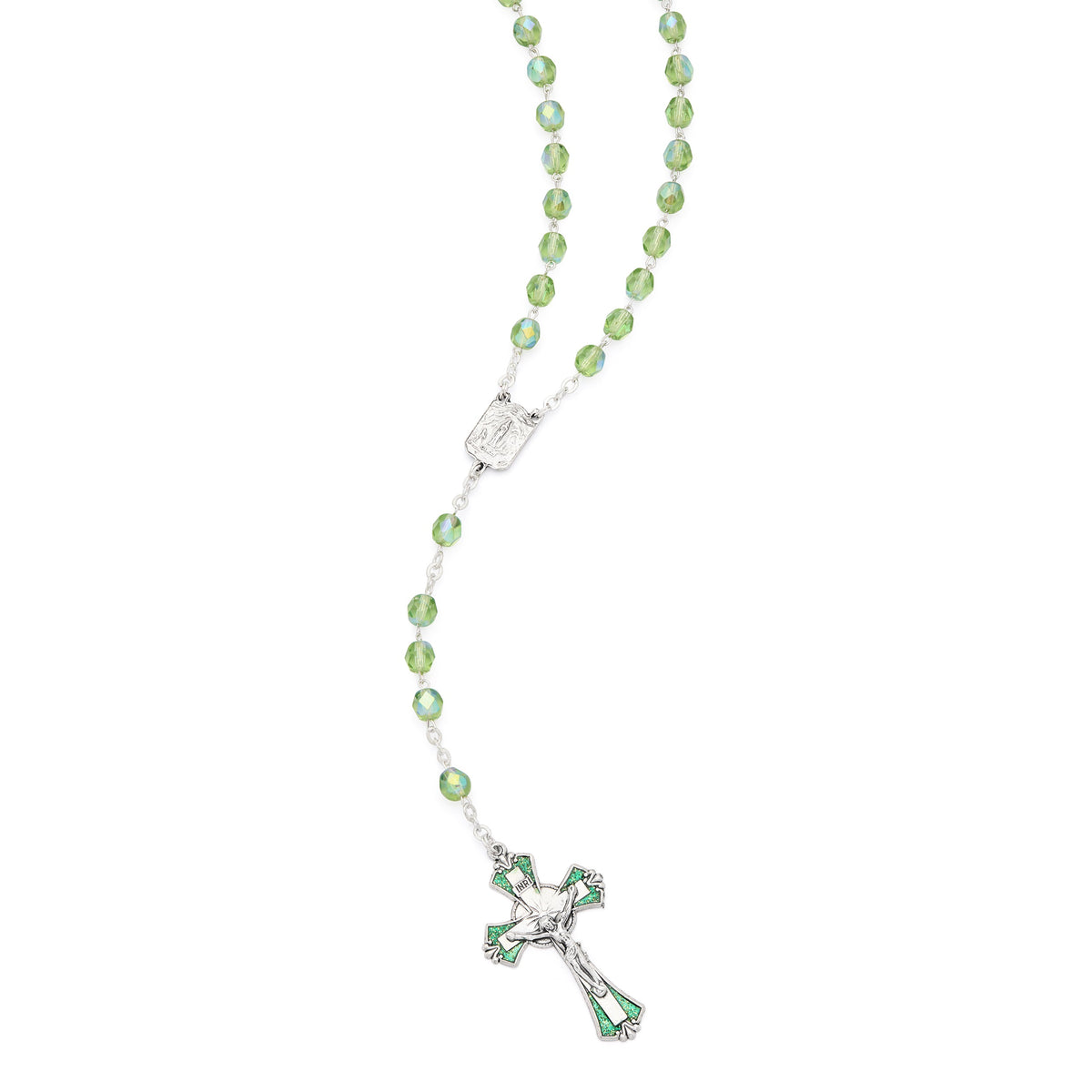 Our Lady of Lourdes Rosary with Green Faceted Crystal Beads