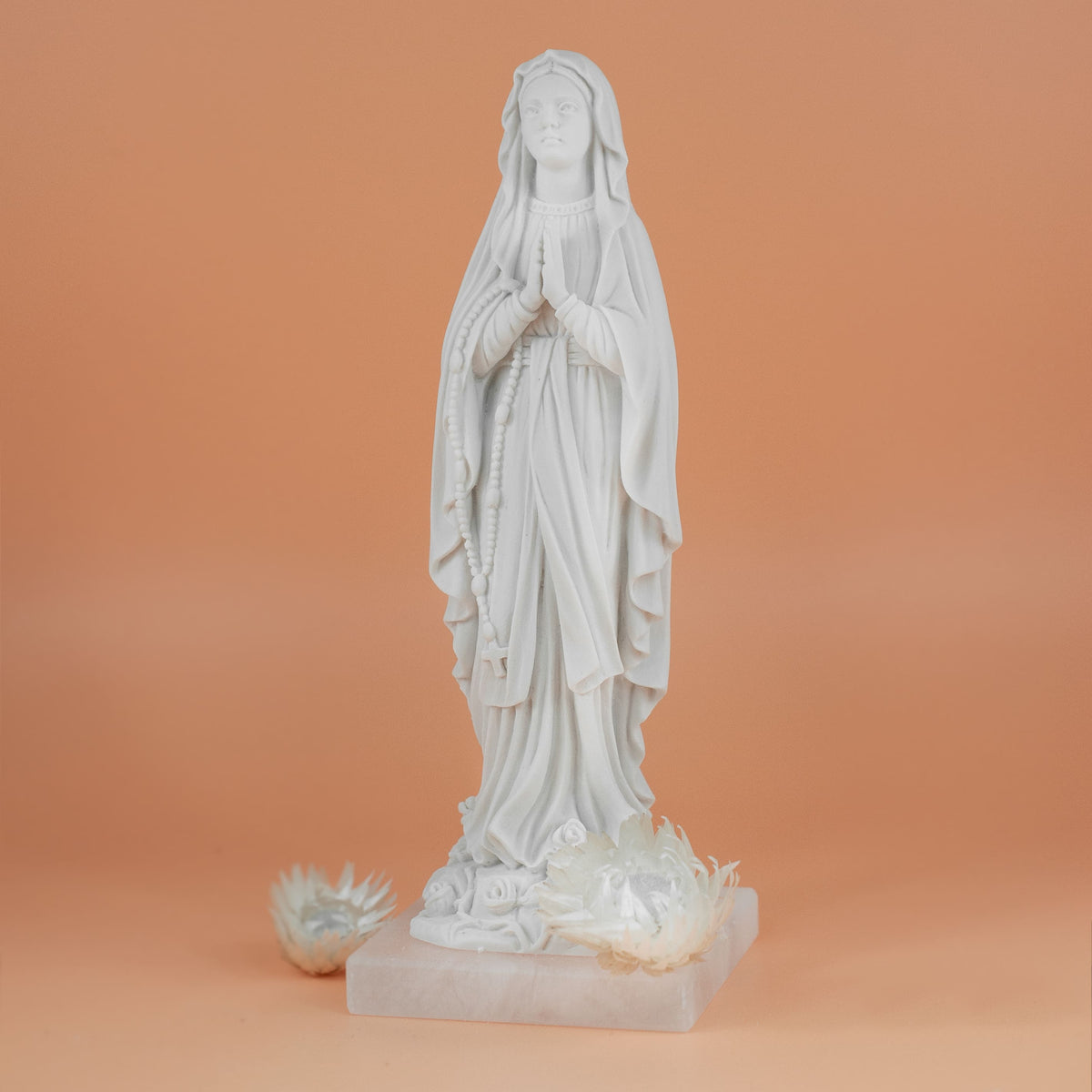 Our Lady of Lourdes with Roses White Marble Dust
