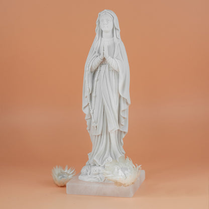 Our Lady of Lourdes with Roses White Marble Dust