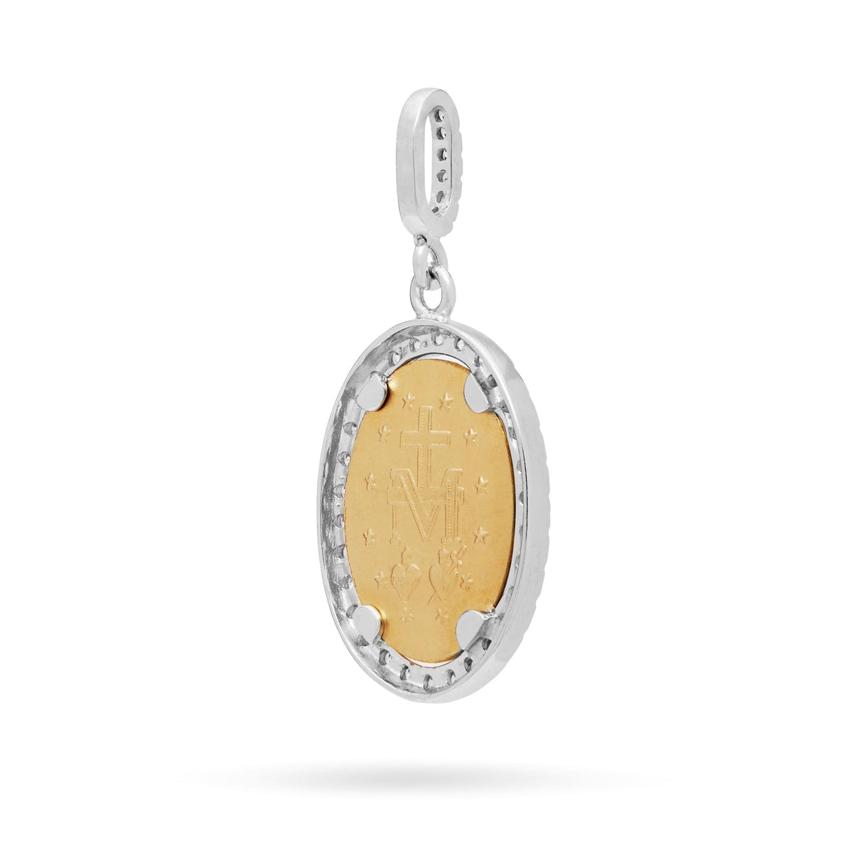 Yellow and White Gold Miraculous Medal with Cubic Zirconia and Pavé Bail