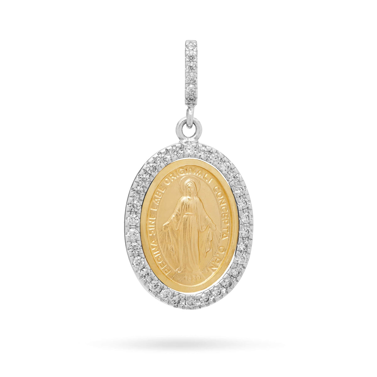 Yellow and White Gold Miraculous Medal with Cubic Zirconia and Pavé Bail