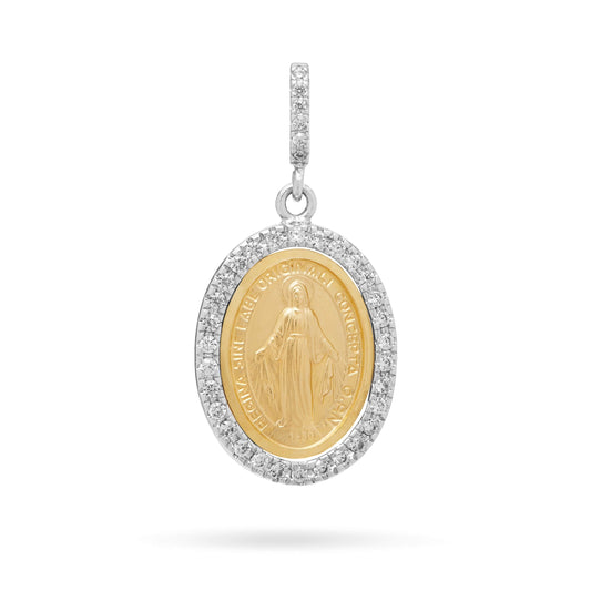 Yellow and White Gold Miraculous Medal with Cubic Zirconia and Pavé Bail