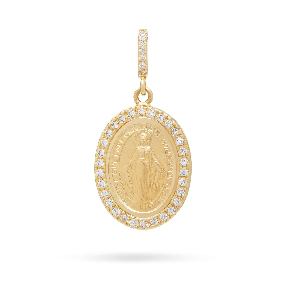 Yellow Gold Miraculous Medal with Cubic Zirconia and Pavé Bail