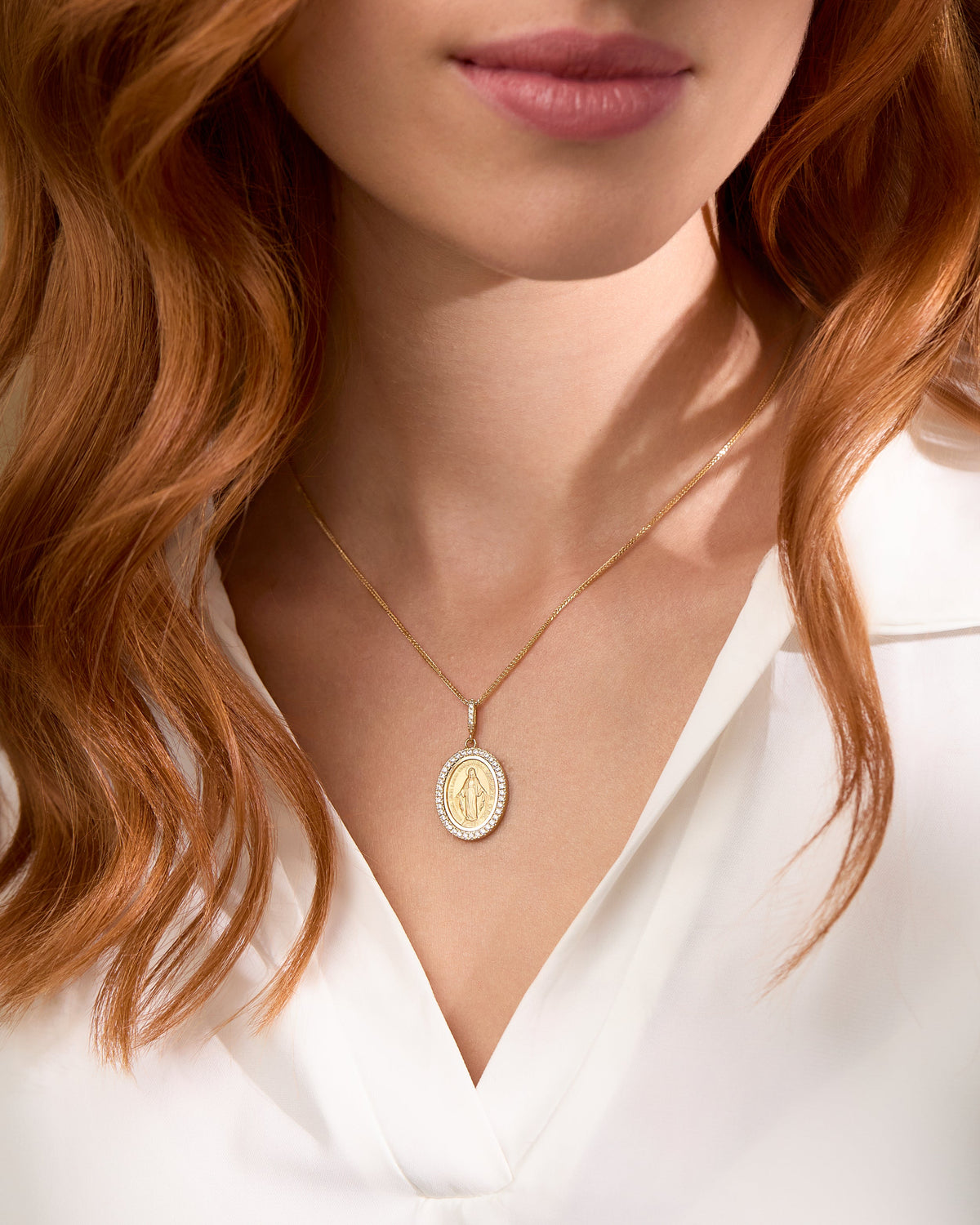 Yellow Gold Miraculous Medal with Cubic Zirconia and Pavé Bail