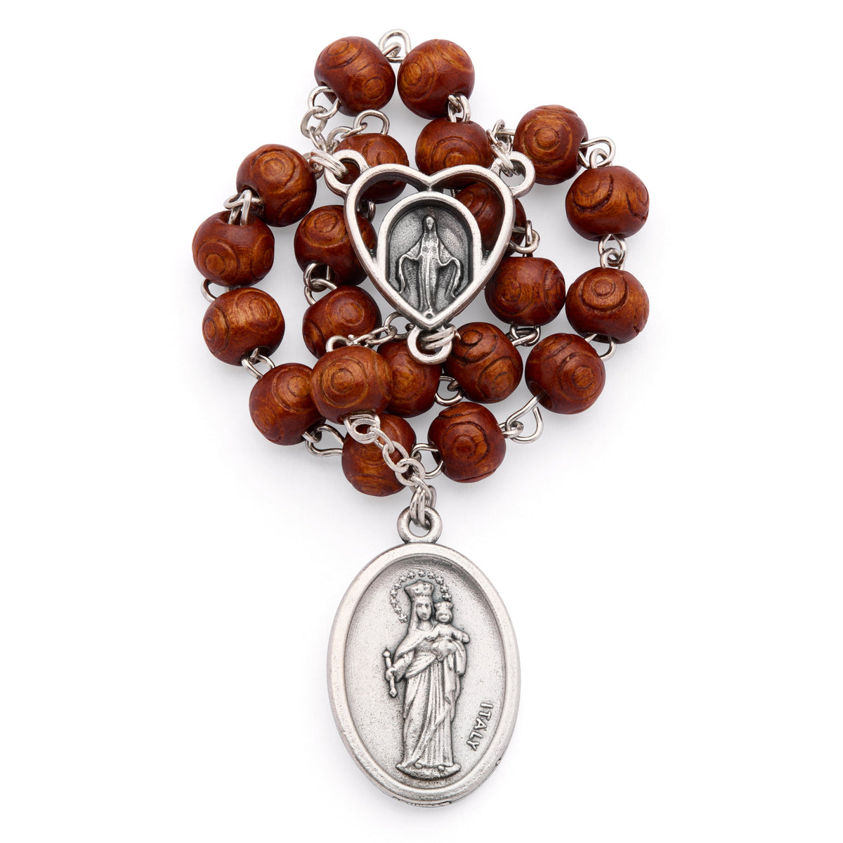 Our Lady of Mount Carmel and Saint John Bosco Wooden Devotional Rosary
