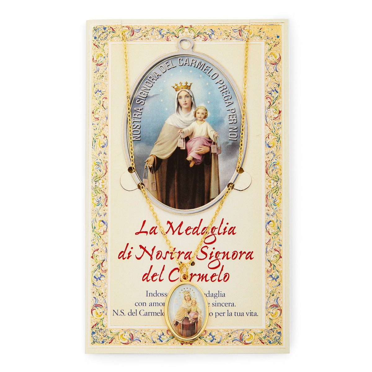 Our Lady of Mount Carmel Holy Card and Medal with the Chain