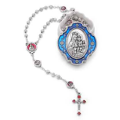 Blue Enameled Scapular Rosary Case With Rose-shaped Beads Rosary