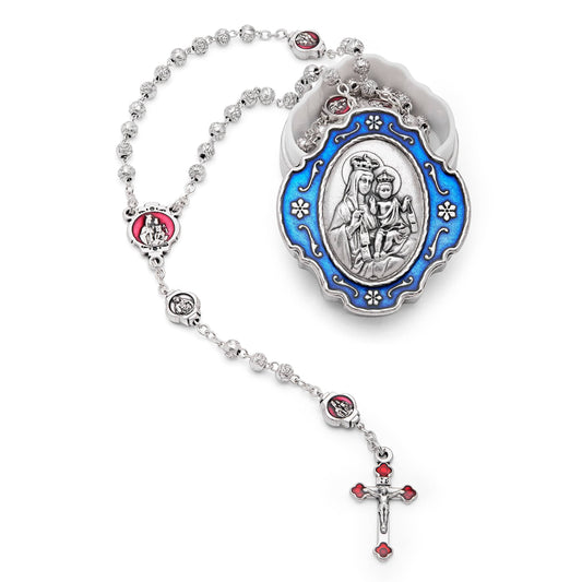 Blue Enameled Scapular Rosary Case With Rose-shaped Beads Rosary