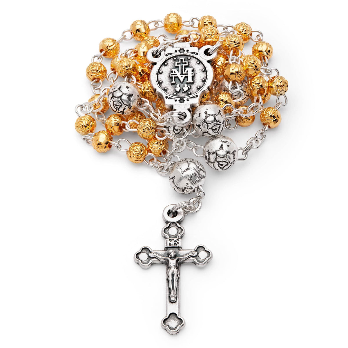 Golden Rosary Case With Our Lady of the Miraculous Medal and Rose-shaped Beads Rosary