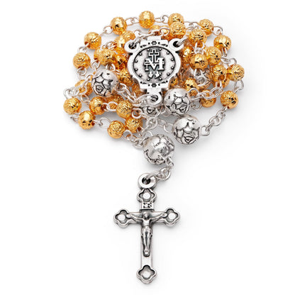 Golden Rosary Case With Our Lady of the Miraculous Medal and Rose-shaped Beads Rosary
