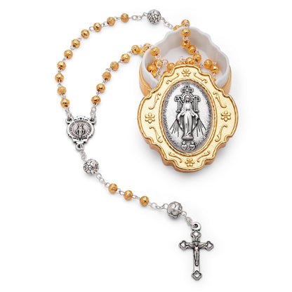 Golden Rosary Case With Our Lady of the Miraculous Medal and Rose-shaped Beads Rosary
