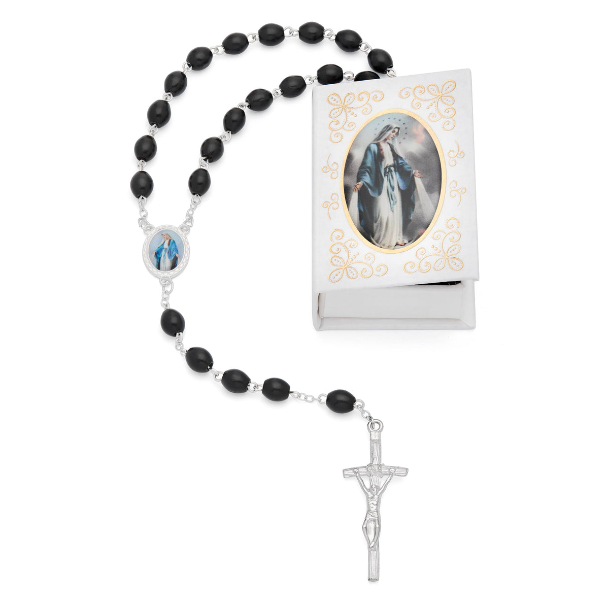 Our Lady of the Miraculous Medal White Rosary Case with Wood Rosary