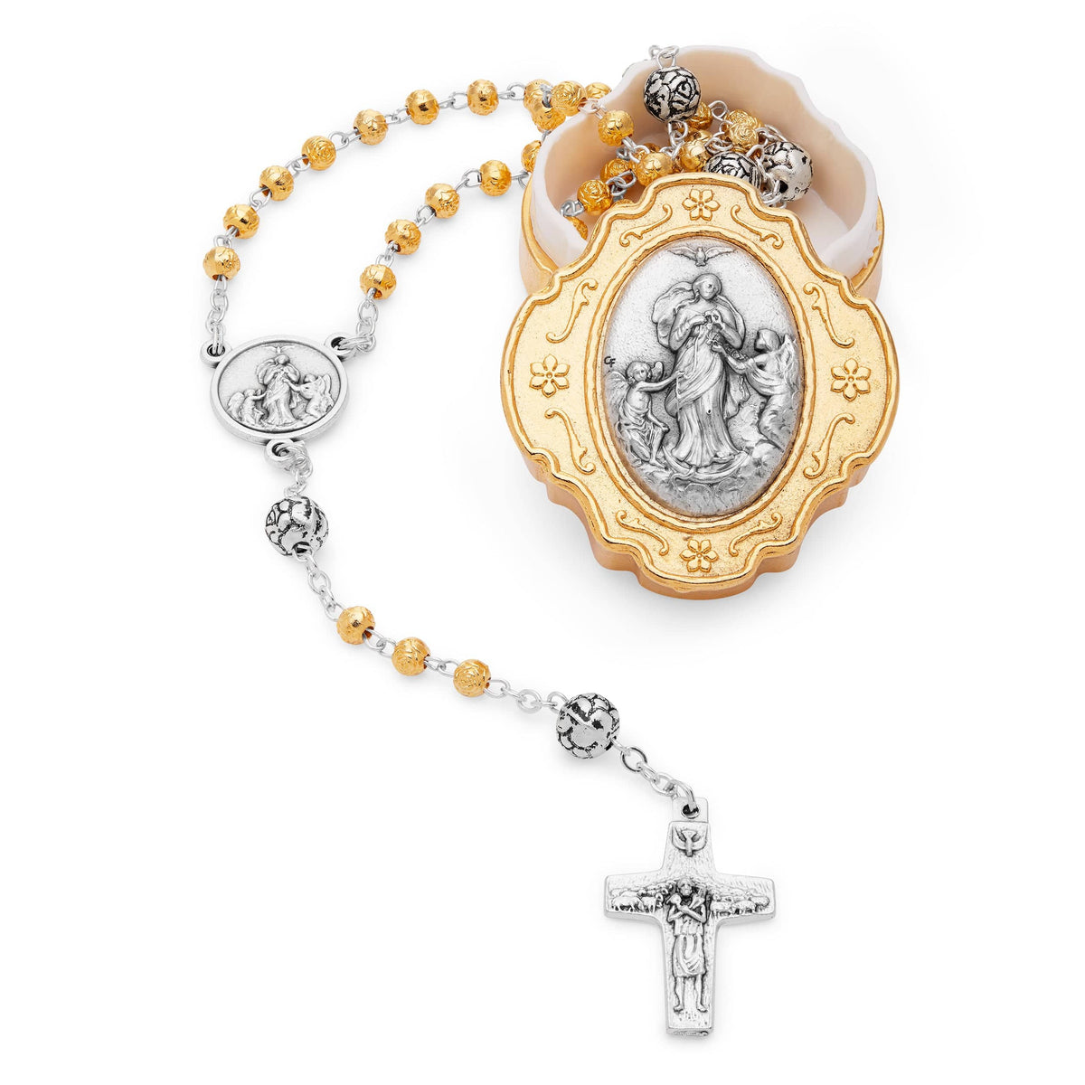 Golden Rosary Case With Mary Untier of Knots and Rose-shaped Beads Rosary