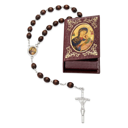 Our Lady of Perpetual Help Brown Rosary Case with Wood Rosary