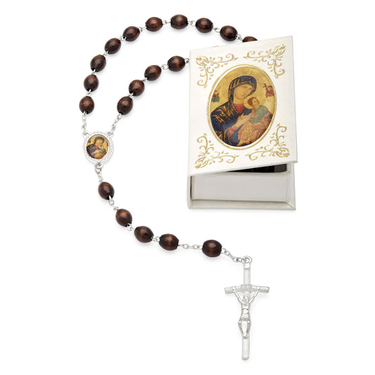 Our Lady of Perpetual Help White Rosary Case with Wood Rosary