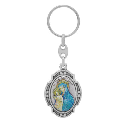Oval Colored Metal Keychain of Mater Ecclesiae With Worked Frame