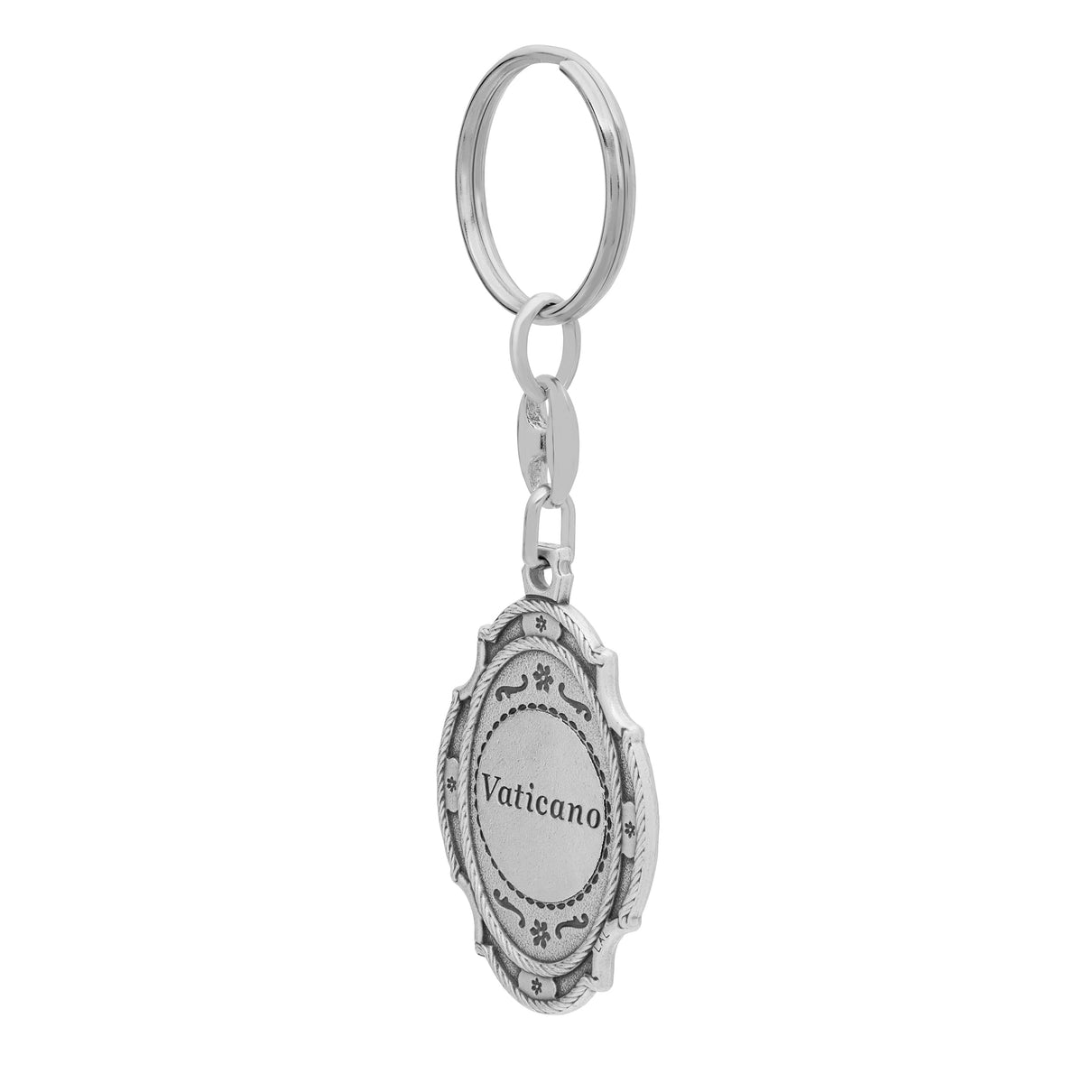 Oval Colored Metal Keychain of Mater Ecclesiae With Worked Frame