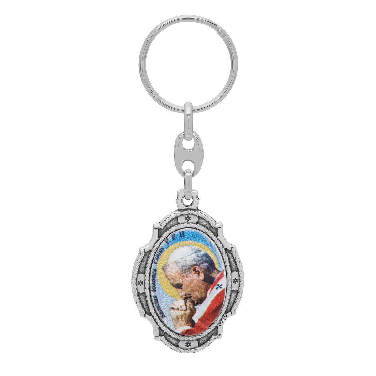 Oval Colored Metal Keychain of Pope St. John Paul II With Worked Frame