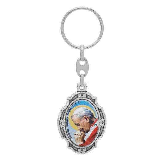 Oval Colored Metal Keychain of Pope St. John Paul II With Worked Frame