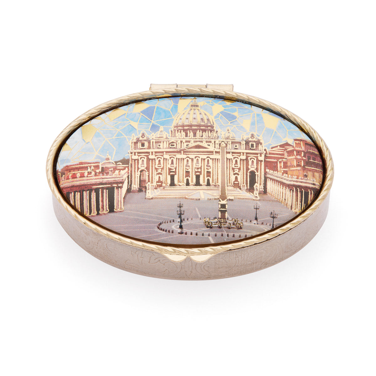 Oval Gold-Tone Metal Pill Box with St. Peter's Basilica