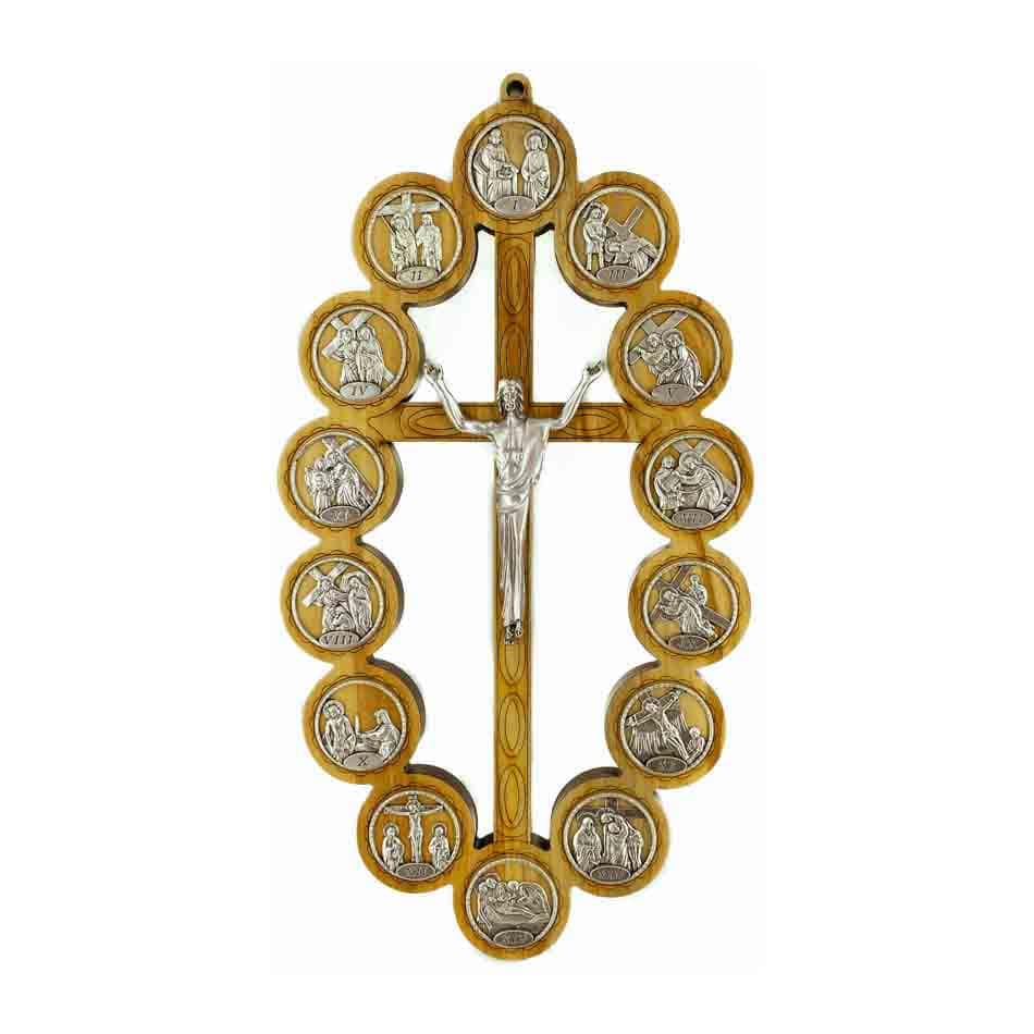 Oval Olive Wood Risen Christ Crucifix with Via Crucis