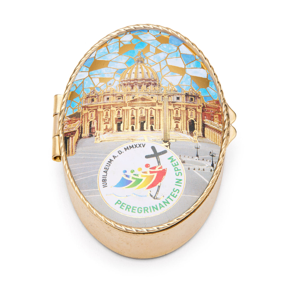 Oval Pill Box in Gold-tone Metal of St. Peter's Basilica with Jubilee 2025 Logo