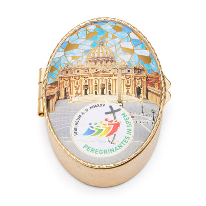 Oval Pill Box in Gold-tone Metal of St. Peter's Basilica with Jubilee 2025 Logo