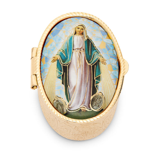 Oval Pill Box in Gold-tone Metal of Our Lady of the Miraculous Medal