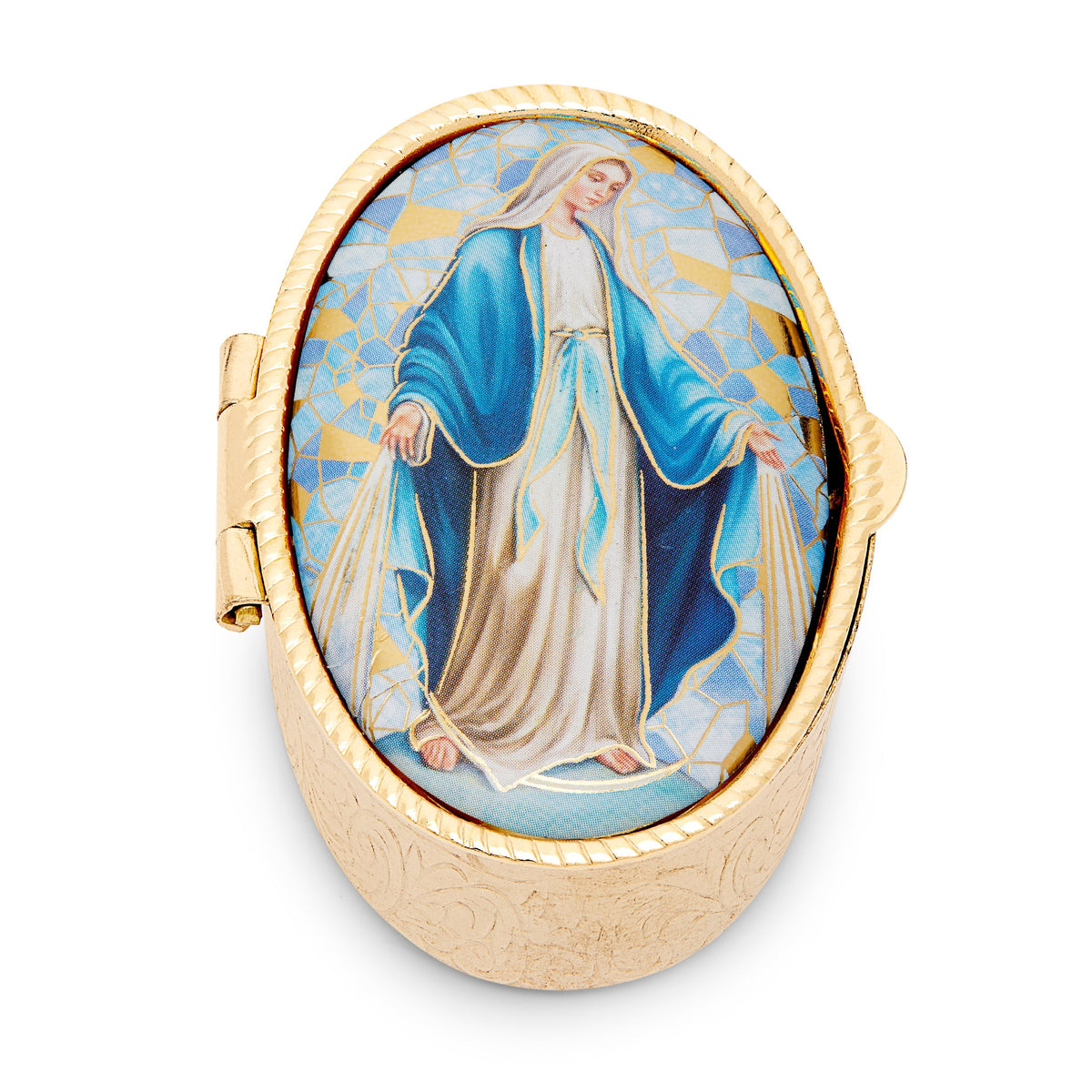 Oval Pill Box in Gold-tone Metal of Our Lady of Graces