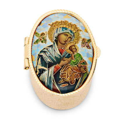 Oval Pill Box in Gold-tone Metal of Our Lady of Perpetual Help