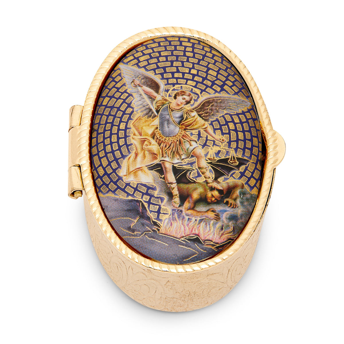Oval Pill Box in Gold-tone Metal of St. Michael