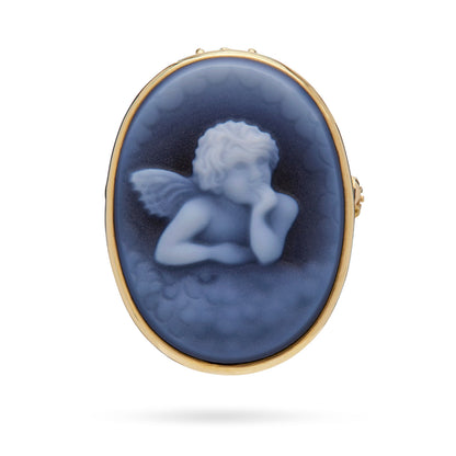 Oval Yellow Gold Brooch and Pendant With Black Agate Cameo Portraying a Putto