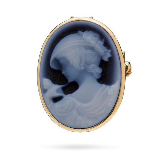 Oval Yellow Gold Brooch and Pendant With Black Agate Cameo Portraying a Woman