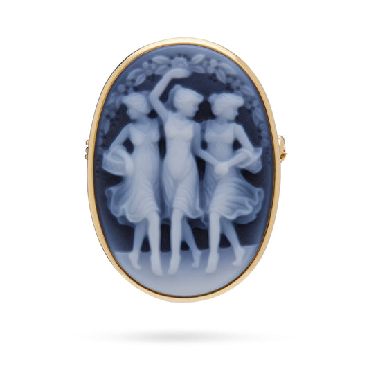 Oval Yellow Gold Brooch and Pendant With Black Agate Cameo Portraying the Three Graces